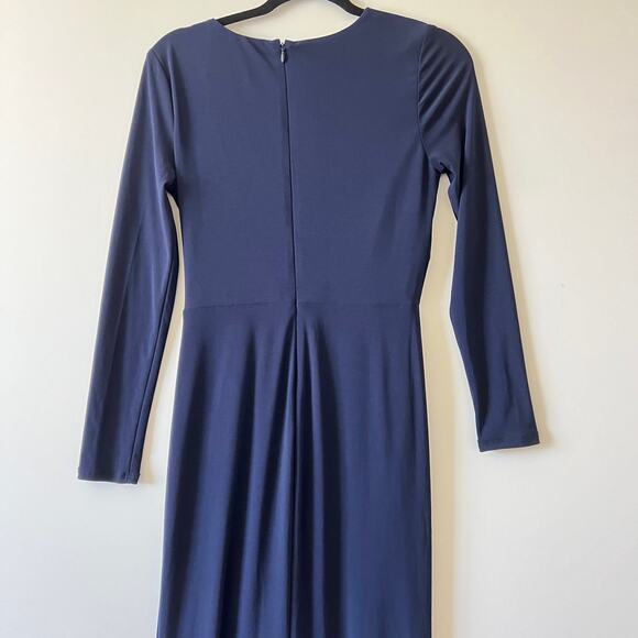Betsy & Adam Navy Blue Stretch Jersey V Neck Long Sleeve Ruffled Gown Womens 4 - Picture 7 of 12